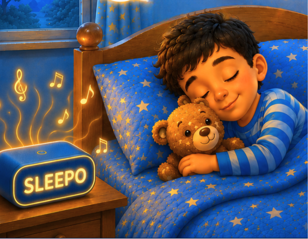 Boy hugging a teddy bear while his SLEEPO bedtime story plays