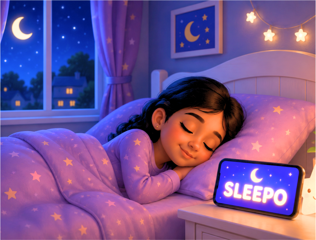 Girl falling asleep listening to her personalized SLEEPO story